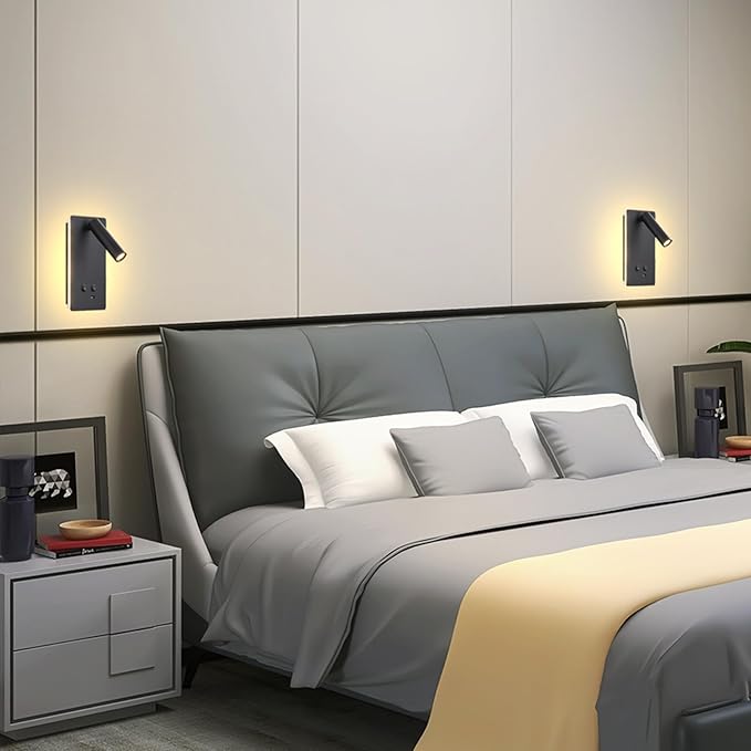 MOLUOLA LED Wall Lamp Wall Mounted Reading Lights Set of 2, Adjustable Headboard Plug in Wall Sconce with USB C+A Ports, Headboard Bedside Lamp with 9W+3W Night Light 3000K (Black)