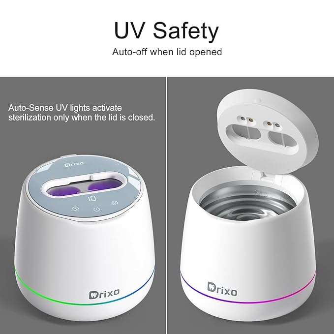 Drixo Ultrasonic Retainer Cleaner Machine, IPX6 Waterproof Dental Cleaning Pod, 3 Modes Denture Cleaner for Night Guard Mouth Guard Braces, 45kHz Denture Dome with UV Light, 200ML Tank, Arctic White