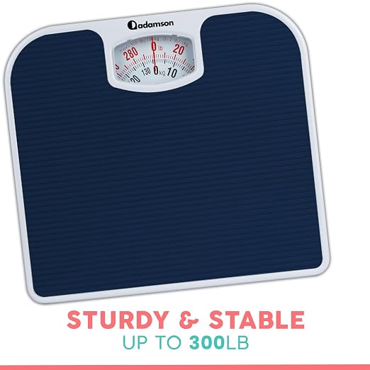 Adamson A21 Analog Scales for Body Weight - Up to 300 LB - New - Anti-Skid Rubber Surface - Large Numbers - Analog Bathroom Scale - Affordable - Durable with 20-Year Assurance - Blue
