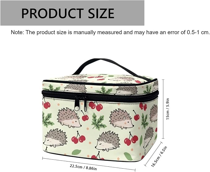 Hedgehogs Large Cosmetic Bag for Women Travel Makeup Bag Handle, Cartoon Animals Portable Toiletries Bag Brush Bags for Traveling, Light Green