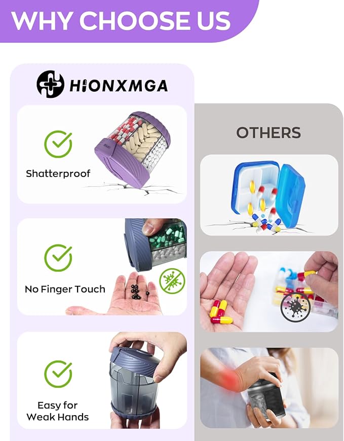 Cute Pill Dispenser with 7 Large Compartments, Portable Pill Bottle Organizer with Wide Opening for Travel, Anti-Mixing Pill Container, Shatterproof BPA-Free, Includes 20 Pcs Labels, Purple