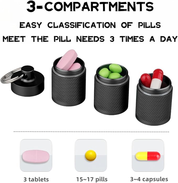 Waterproof Keychain Pill Holder - 3-Compartment, Black | Anodized aluminum with a keyring. 3 detachable layers. Pocket-sized, rustproof EDC pill container