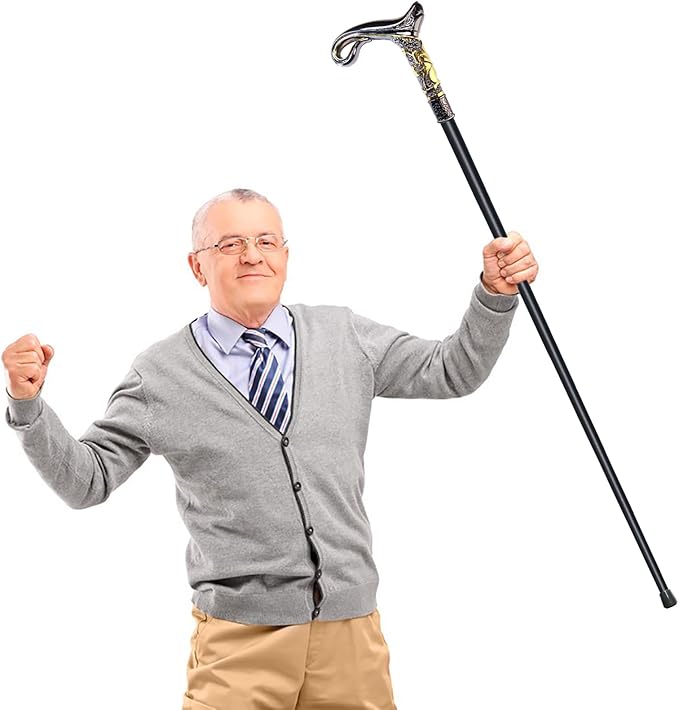 Walking Cane for Men & Women & Seniors - 36.5 Inch Heavy Duty 500+ lbs Capacity, Ergonomic Handle, Decorative & Ornate Design, Gothic & Goth Elegant Matte Black & Gold Artistry, Metal Cane