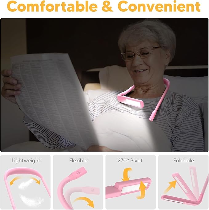 Pink Neck Light with Storage Case, 10-80Hrs Eye-friendly Book Reading Lamp, Knitting Crochet Sewing Craft Light Rechargeable Adjustable, Christmas Birthday Gifts for Book Lovers Knitters Crafters