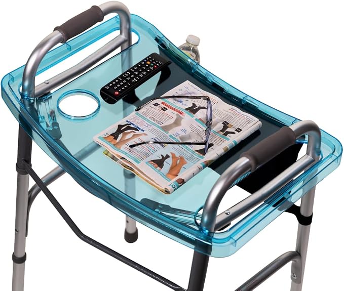 StrongArm Clear View Walker Tray + Bag + Non-Slip Mat & Cup Holder, Tray for Folding Walkers, Food Tray, Walker Accessories, Tray Table for Standard Adult Walkers (Blue)