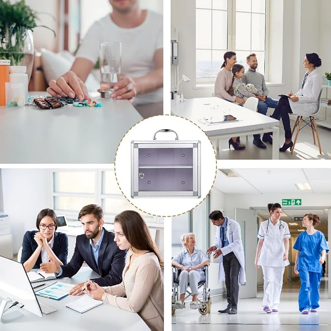 Metal Medicine Storage,Wall mounted Medicine Lock Box, First Aid Safe Medication Storage Box, Layered Aluminum Daily Medicine Lockable Box with Key 11.8x 4.4 x 10.3 Inch