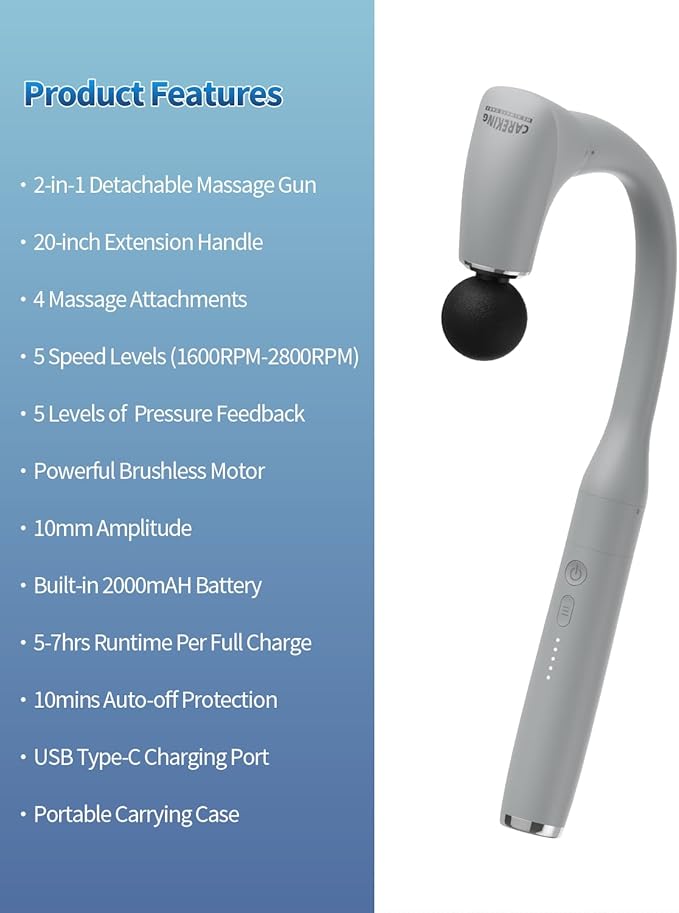2-in-1 Detachable Percussion Massage Gun with Extension Handle, Back Massager for Pain Relief Deep Tissue Muscle Massager for Arm Shoulder Lower Back Thigh Waist Grey