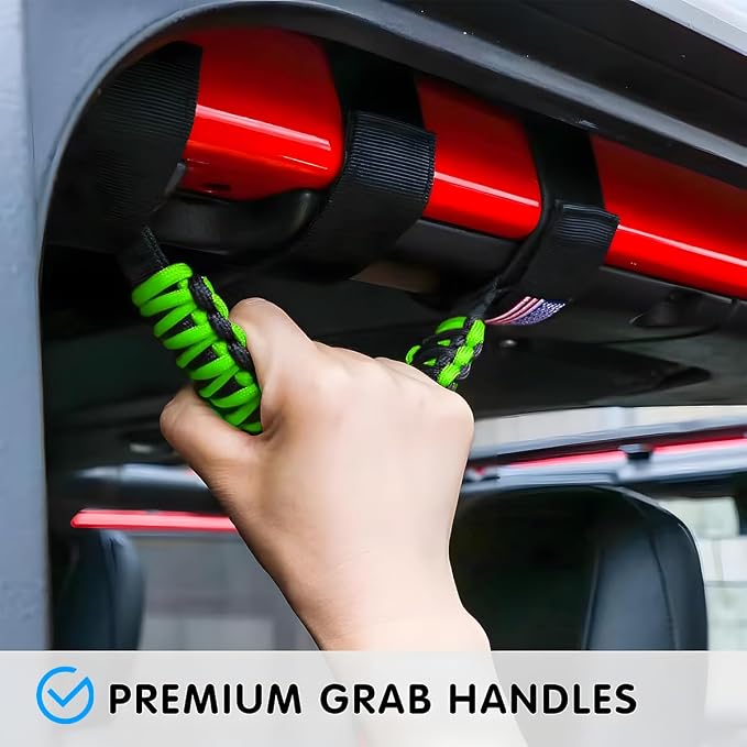 2PCS Car Roll Bar Grab Handles, Oxford Cloth American Flag ATV Paracord Grip Handle with Metal Buckle, Heavy Duty UTV Roll Cage Grab, Compatible with Wrangler JL, JT, JK (Fluorescence Green)