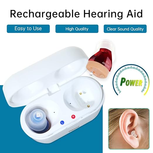 Rechargeable Hearing Aids for Seniors & Adults, Invisible Hearing Aid With Noise Cancelling, Rechargeable Hearing Aid with Storage and Charging Combo Portable Charging Case, Two Blue & Red
