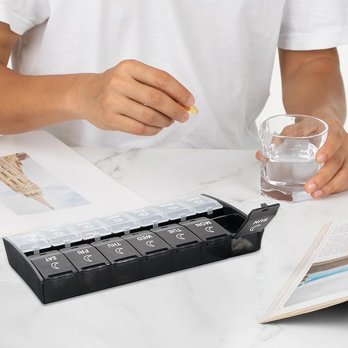 XL Large Pill Organizer 2 Times a Day, Weekly Am Pm Pill Box with Hinged Lids, 7 Day Medicine Vitamin Pill Case, Daily Pill Container, Big Medication Organizer for Supplement