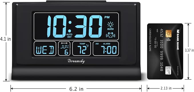 DreamSky Alarm Clocks for Bedrooms with Battery Backup, Auto Set Digital Clock with Date and Day of Week, Temperature, USB Port, Auto DST, Dimmer, 12/24H