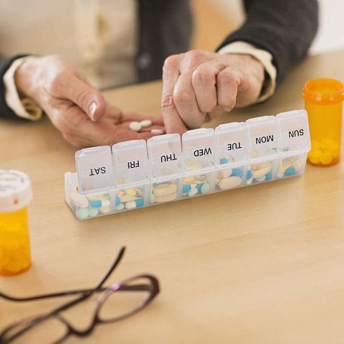 BUG HULL Weekly Pill Organizer Large 2 Packs, Extra Large Travel Pill Organizers, Pill Box 7 Day, Travel Pill Case, Medicine Pill Organizer for Vitamins, Supplements and Medication (White+Purple)