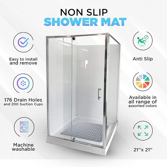 ENKOSI 21 x 21 inch Square Non-Slip Shower Mat – Anti-Slip Shower Mats for Inside Shower – Secure Grip for Shower Stall Floors – Quick-Dry with Drain Holes (21x21 Navy Blue)