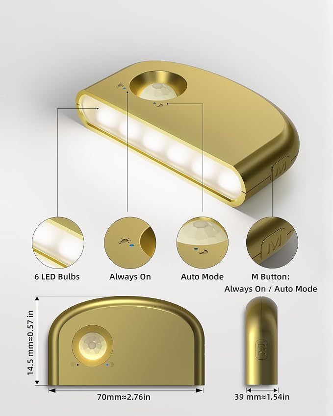 Keyhole Light, Battery Powered Motion Sensor Lights,Door Lock Light Magnetic & Dimmable, PIR Wireless Motion Detector 6500K Soft White,Portable Nightlight for Hallway,Appliance,Bathroom (1, Gold)