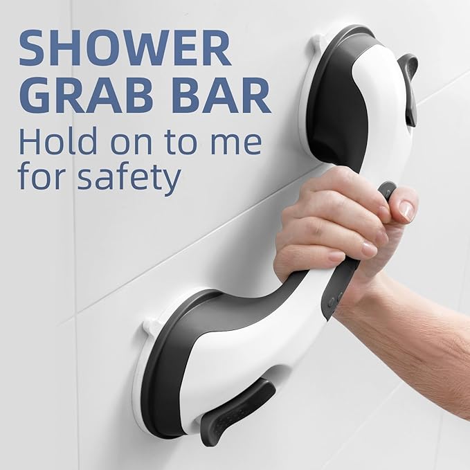 Shower Grab Bar Suction Cup 12 inch, Grab Bars for Bathtubs, Bathroom Safety Grip Shower Handle for Elderly and Seniors, Bath Handrails Removable & Reusable Waterproof, No Drilling, Black