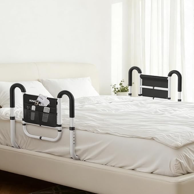 KingPavonini Dual Side Bed Rails for Seniors, 350 LBS Capacity, Model BM10 | ASTM-Approved Bed Rails for Elderly Adults Safety, Dual U-Handles & 4-Bar Anti-Tip, Storage Bag, Tool-Free, Fits Twin to King
