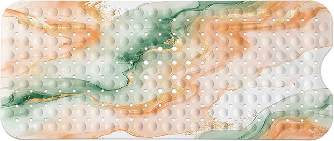 LNOND Marble Bath Tub Mat Non Slip, Extra Long 40 X 16 Inch Anti Slip Mat for Bathtub, Orange Green Marble Shower Mat with Drain Holes and Suction Cups, Machine Washable