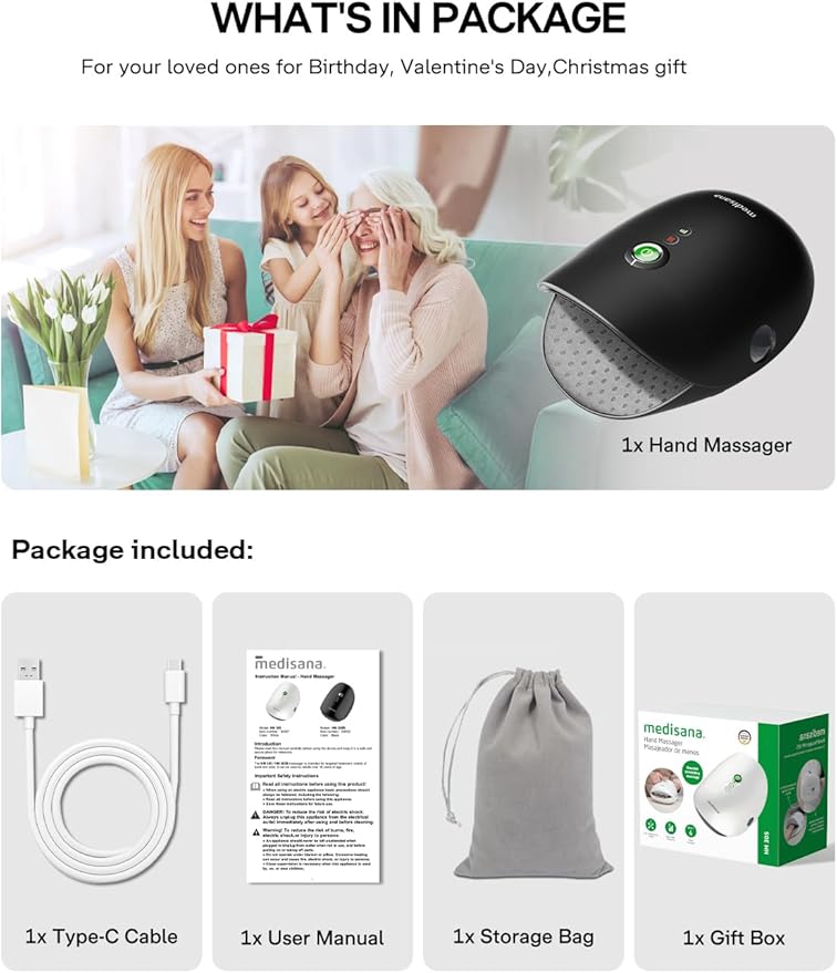 Medisana Hand Massager with Heat and Compression, Cordless Hand Massager for Arthritis and Carpal Tunnel Relief, Knuckle Stretching Massage, Birthday Christmas Gifts for Men Women Dad Mom-Black