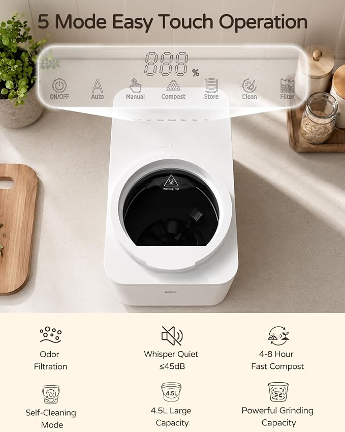 Odorless Electric Kitchen Composter 4.5L, Quiet ≤45dB for Home | Auto Clean, Large Carbon Filter Odor Control, Process Food Waste to Fertilizer in 4-8H, Countertop Mill Composter for Indoor