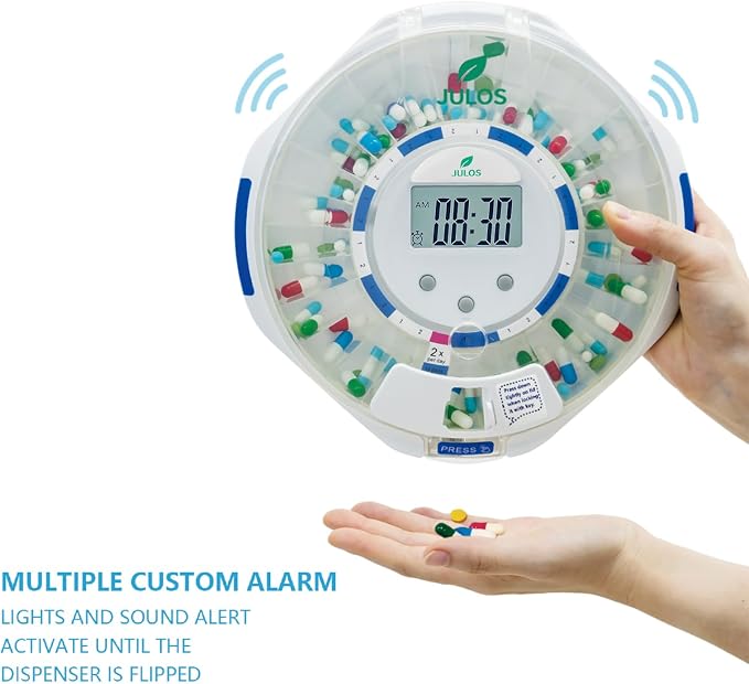 JULOS 28-Day Automatic Pill Dispenser with Alarm for Chronic & Alzheimer’s Care, Locked Medication Organizer w/Easy-Read LCD Display, Sound & Light & Alerts for Medication, Vitamins & More, Clear Lid | Sound/Light Alarms - Up to 6 Daily Doses, Easy-Rea...