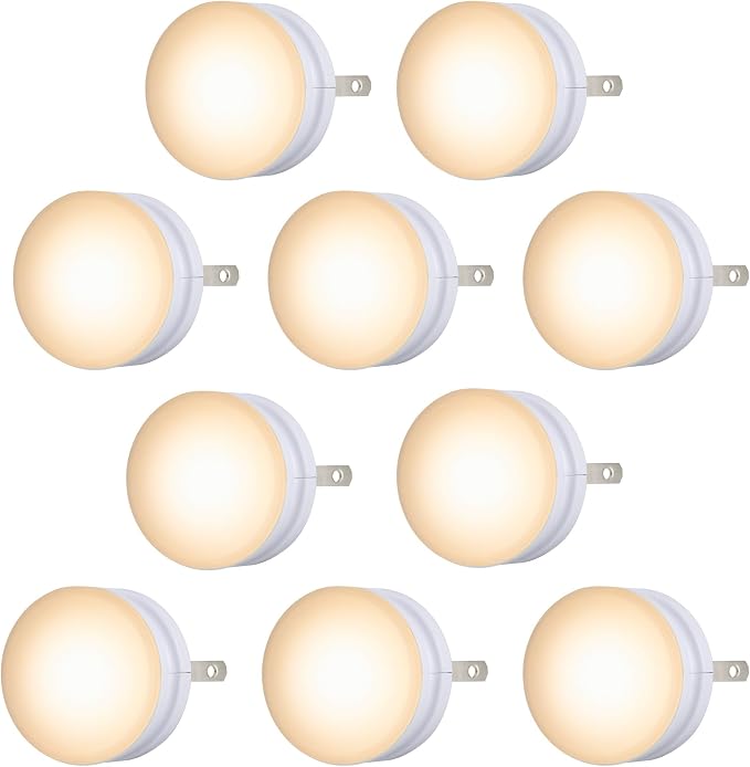 Lights By Night Plug in Night Light with Dusk to Dawn Sensor, 10 Pack | Warm White 3000K Light, Night Lights Plug Into Wall for Bedroom, Bathroom, and Nursery, UL Certified, Energy Efficient
