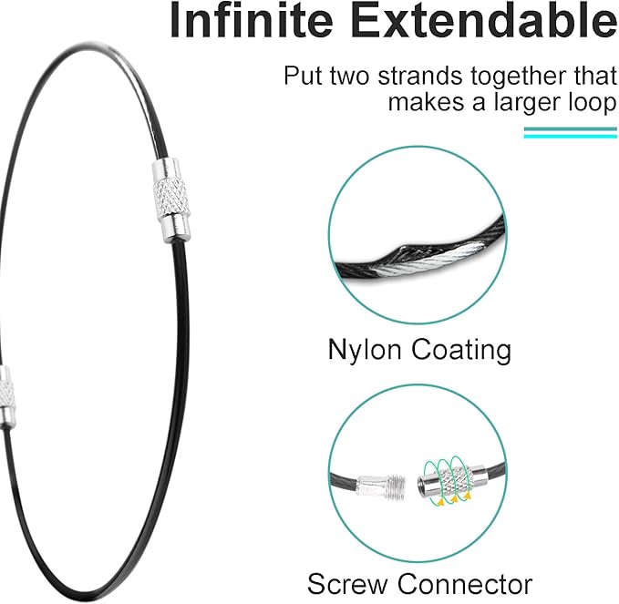 CooBigo 25 Pack Stainless Steel Loops 2mm Coated Wire Keychain Cable Large Key rings 6 inch Key Chain for Women, Luggage Tags, Key Tags, Keyrings, Kitchen utensils, Duster - Black