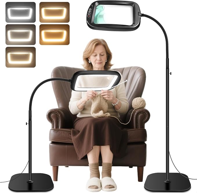 30X 10X Extra Large Floor Magnifying Glass with Light and Stand | 60 LED Flexible Gooseneck Floor Magnifying Lamp with 5 Color Modes, 2-in-1 Lighted Magnifiers for Close Work, Sewing,Crafts
