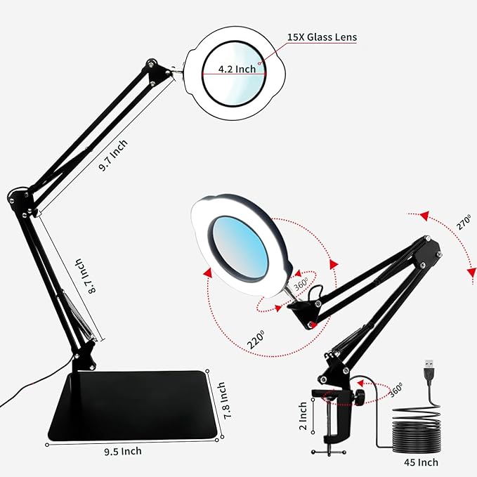 15X Magnifying Glass Desk Lamp with Clamp and Base, 5 Color Modes 10 Levels Adjustable Brightness, 15X Magnifying Glass, 4.2" Reading Magnifier for Seniors Book Newspaper Reading, Crafting, Seniors