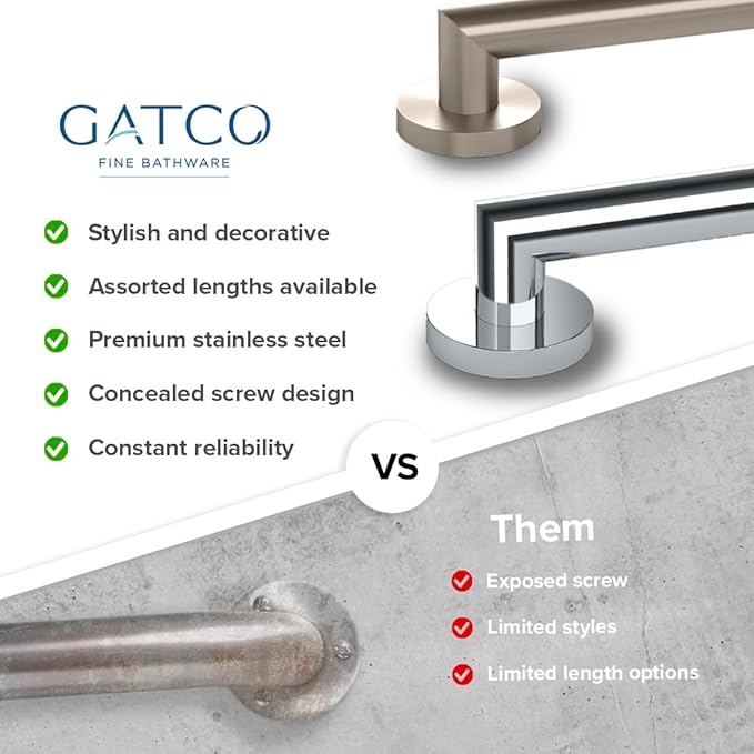 Gatco 974 Glam Wall Mounted 24" Grab Bar, Satin Nickel/ADA Compliant Safety Grab Bar for Bathroom