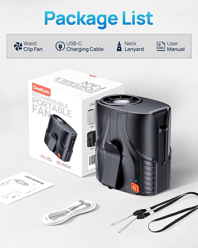 Portable Personal Waist Fan& Neck Fan, 14000RPM Brushless Motor, 40H Runtime Rechargeable, 6-Speed Quiet Operation, Clip-On Personal Body Cooling for Camping/Worksites/Outdoor