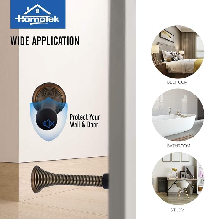 HOMOTEK 1 Pack Spring Door Stopper with Rubber Bumper 3-1/8" Flexible Spring Heavy Duty Wall Door Stop Low Mounted Door Bumper for Home (Antique Brass)