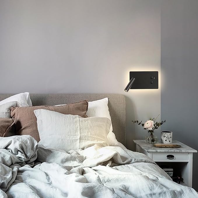 MOLUOLA LED Wall Lamp Wall Mounted Reading Lights, Adjustable Headboard Plug in Wall Sconce with USB C+A Ports, Headboard Bedside Lamp with 9W+3W Night Light 3000K (Black)