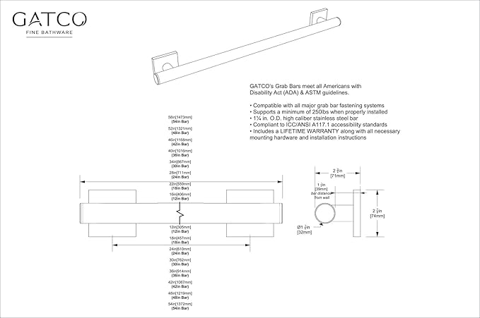 Gatco 944 Elevate 24" L Grab Bar, Chrome/ADA Compliant Stainless Steel Safety Grab Bar for Bathroom