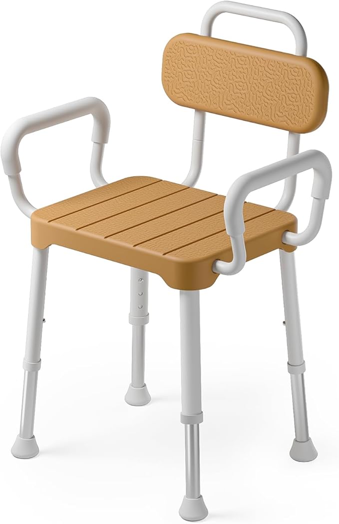 Shower Chair for Inside Shower ,Bath Chair with Arms and Back,Aluminum Shower Stool for Tub,Slip Resistant Shower Bench,Height-Adjustable Shower Seat with Padded Handles for Seniors,Brown