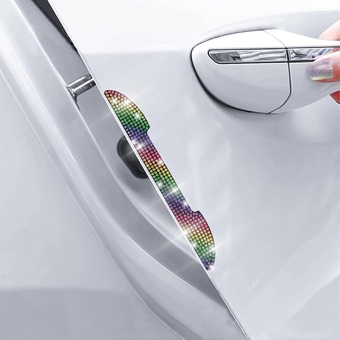 4PCS Bling Car Door Handle Scratch Protector, Color | 5.75x0.39 Inch, Universal fit, side panels/mirror edges, stainless steel, rhinestones, adhesive backing, exterior accessories