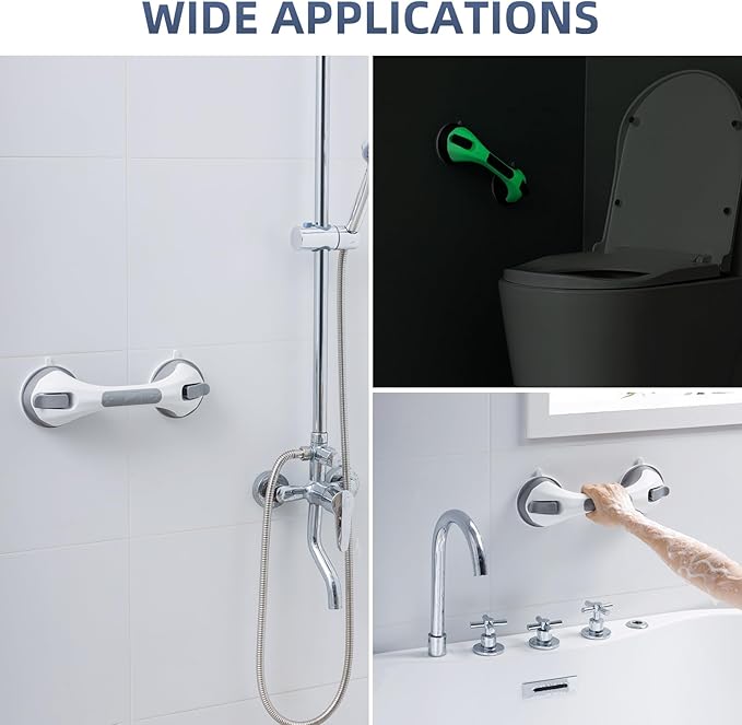 Grab Bars for Bathtubs and Showers 2 Pack Glow in The Dark, 12 inch Suction Grab Bar, Shower Handle Safety Grip Handrail for Seniors and Elderly, Removable Waterproof No Drilling, Grey