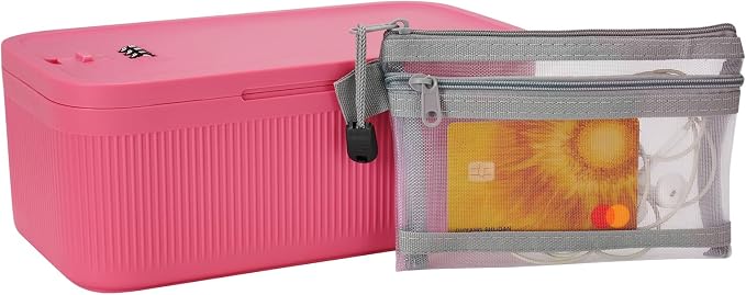 Medicine Lock Box with Code, Lockable Storage Box for Phone Medicine Safe Pill Fridge, Storage Bin for Home Office Gift, Includes Mesh Zipper Pouch, Pink