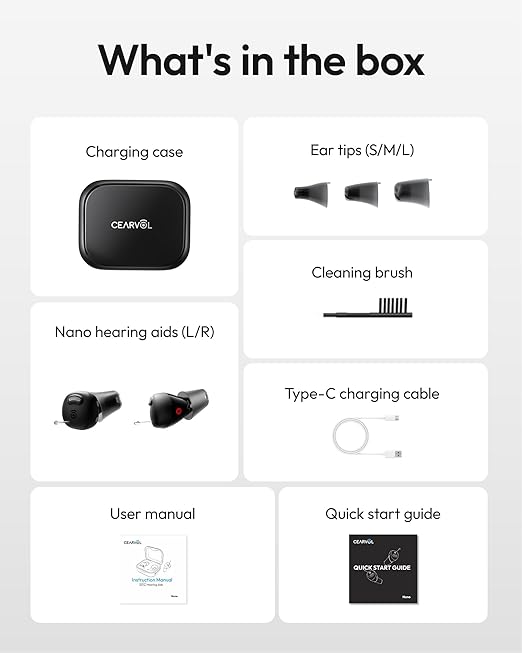 Nano Case Control OTC Hearing Aids Rechargeable, 3 Hearing Programs Feedback Cancellation Noise Reduction 54 Hours Battery Comfort-Fit ITC Design, Midnight Color