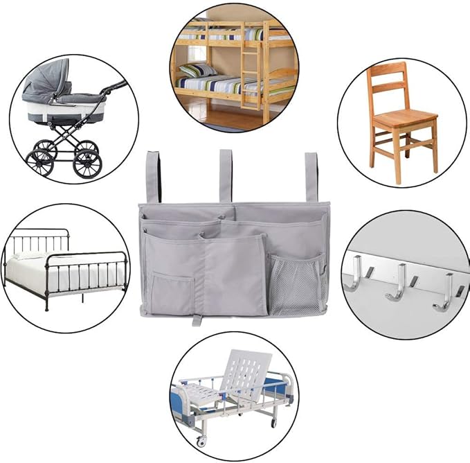 Bunk Bed Organizer - Bedside Storage Caddy with Pocket, Hanging Organizer for Camp, Dorm, Room, Hospital Bed Rail and More (Grey)