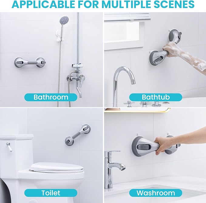 TAILI Shower Grab Bar, 12 Inch Shower Handle for Bathtubs and Elderly, Suction Grab Bars for Seniors Bathroom Safety Handles for Elderly, No Drilling Removable, Silver