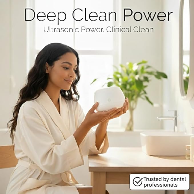 Fiona James 48kHz Ultrasonic Dental Pod Cleaner with UV – White | Retainer, Aligner, Night Guard & Denture Cleaner | Sonic Cleaning Machine for Oral Appliances & Jewelry