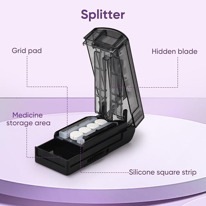 Multiple Pill Cutter for Small or Large Pills, Adjustable Pill Splitter for Multi Tablets, Stainless Steel Cutting Blade and Blade Guard (Black)