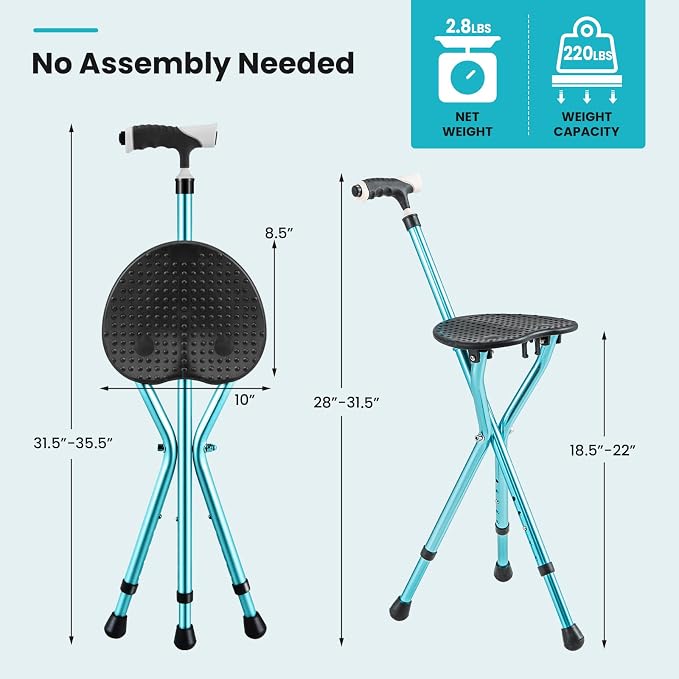 GYMAX Walking Stick Chair Combo, Folding Cane Seat with LED Light, Massage Seat Board & Ergonomic Handle, Adjustable Anti-Skid Walking Stick with Stool, Lightweight Outdoor Travel Rest Stool