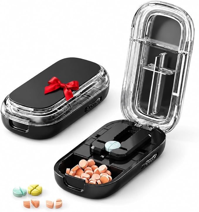 Pill Cutter for Cutting Multiple Pills, 1/2 1/4 Pill Splitter for Large, Small and Tiny Pills, with Improved Sharp Blade, Centering Device (Starlight Black, One Size fits All)