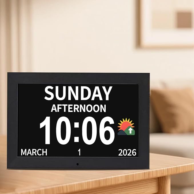 10.1 Inch Black Digital Dementia Clock, Large Display Calendar Clock, 15 Medication Reminders, Auto DST, Auto Brightness Adjustment, Equipped with Remote Control (10.1inch Black, Large)
