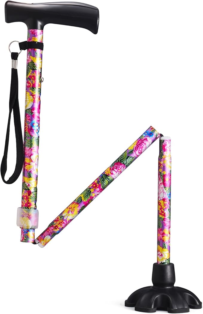 Floral Canes for Women Folding Cane for Stability with Non-Slip Base, Adjustable Walking Cane for Seniors - Lightweight Collapsible Walking Sticks with T & Offset Handle