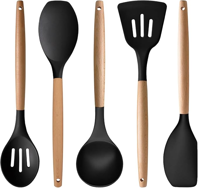Silicone Cooking Utensils Set of 5, Heat Resistant Silicone Kitchen Utensils Set with Wooden Handle, BPA Free Spatula Spoon Turner Ladle Cooking Kitchen Gadgets for Nonstick Cookware & Baking