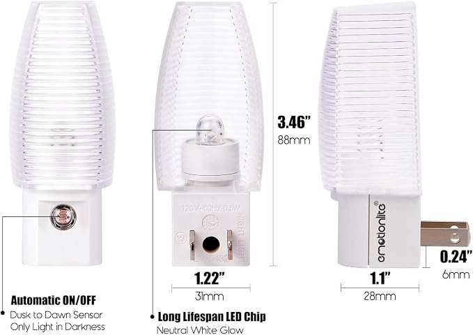 Emotionlite Plug-in Night Light Dusk to Dawn Sensor, Neutral White, 4 Pack | Neutral white sensor night light, great for nursery, bedroom, bathroom, hallway, stairs & kitchen