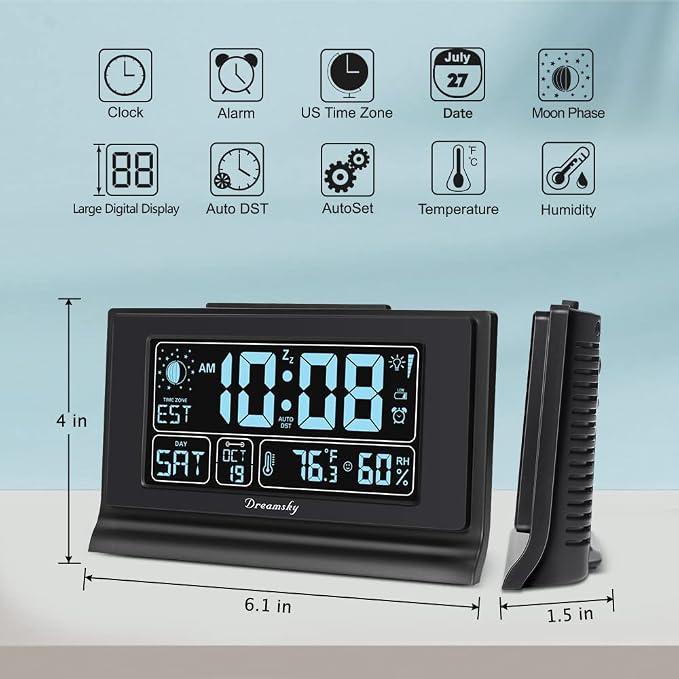 DreamSky Alarm Clocks for Bedrooms with Battery Backup, Auto Set | Digital Clock with Date and Day of Week, Indoor Temperature Humidity, Moon Phase, Dimmer, Auto DST, USB Port