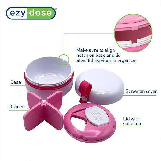 EZY DOSE Mini Pill Organizer, 4-Compartment Vitamin & Medication Case with Screw-Top Secure Seal + Sliding Dispenser, Compact Bottle-Replacement for Purse, Work, Cruise & Travel, Small, White/Pink